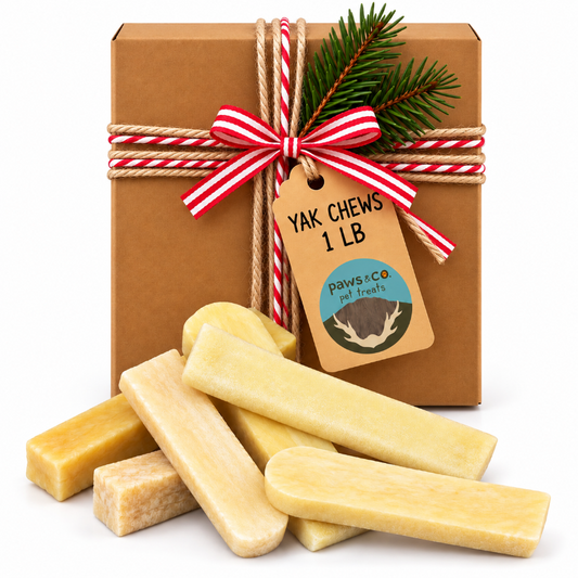 A 1 lb box of Paws & Co pet treats wrapped in brown kraft paper with a red and white striped ribbon, a pine sprig, and a hanging tag reading 'YAK CHEWS 1 LB.' Several pale yellow yak chews are arranged in front on a white background.