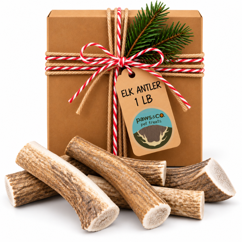 A gift box of Paws & Co. Elk Antler pet treats, wrapped in brown kraft paper with a red and white striped ribbon, a pine sprig, and a hanging tag.