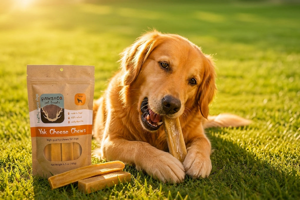A golden retriever dog lying on green grass outdoors, chewing a dog treat stick, with a bag of Paws & co Yak Cheese Chews and three chews placed beside it.