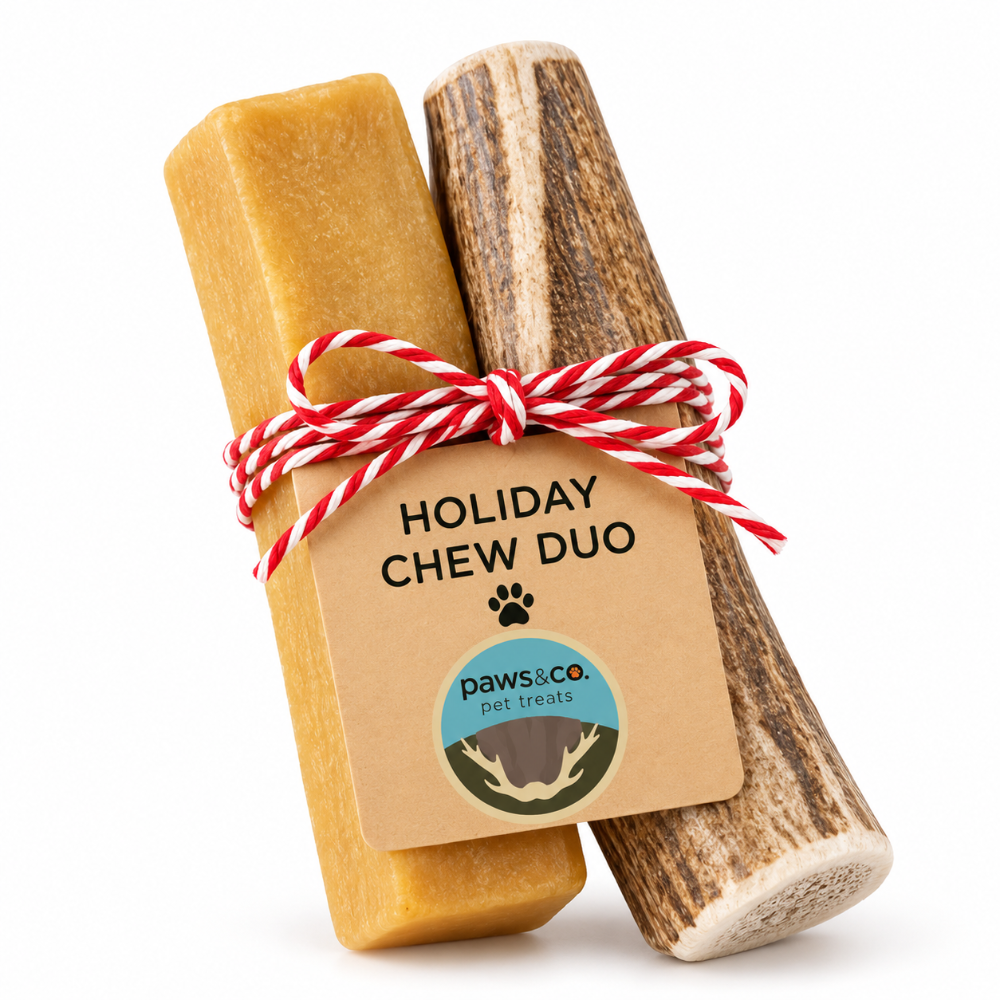 A dog chew gift set featuring a natural yellow bone-shaped chew and a smaller natural antler chew, tied together with a red and white striped string from Paws and Co